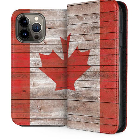 Canadian Flag Dark Wood iPhone 14 Pro Max Folio Case